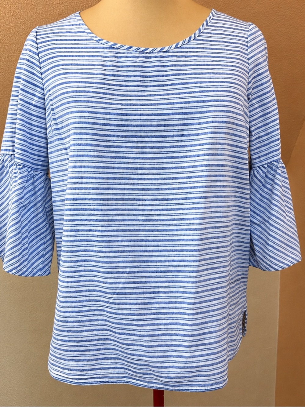Sweet Salt Top Size M Blue White Stripe 100% Cotton Bell Sleeve Tie Back Coastal
